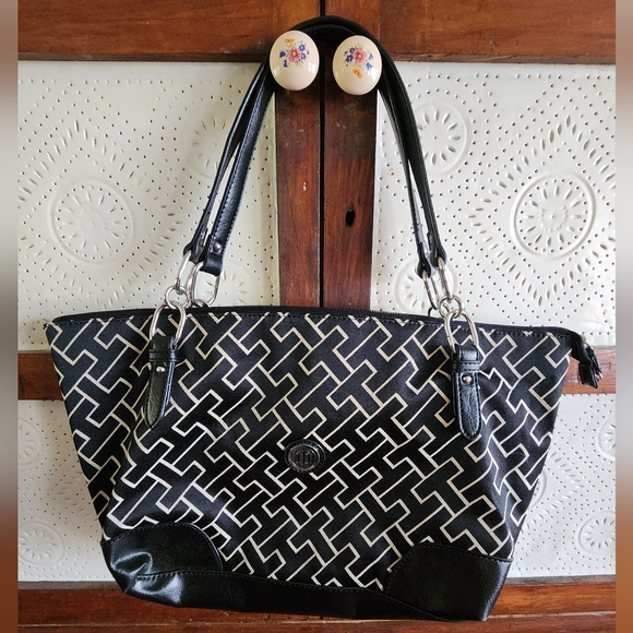 Tommy Hilfiger Handbags - Tommy Hilfiger Logo Black Patterned Tote Bag with Faux Leather Trim Purse
